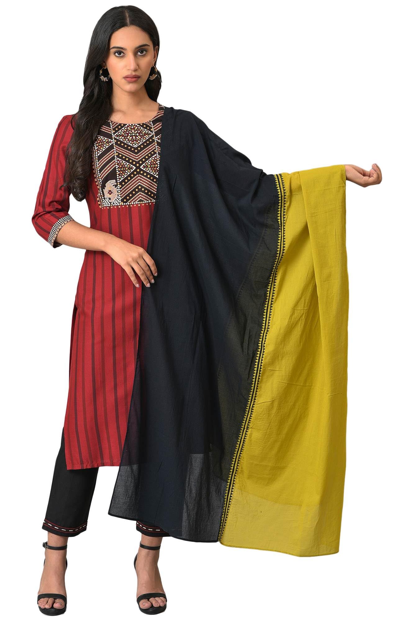 w for woman Women Silk Green And Black Colour Block Dupatta, Free Size-picture-42