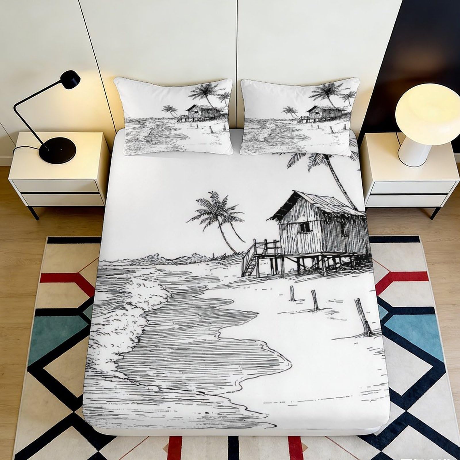3D Printed Tropical Beach Fitted Sheet Microfiber Soft Breathable Coastal Cottage Bed Cover for Bedroom Dormitory Guest Room Mattress Protection Decor 120x200x25cm