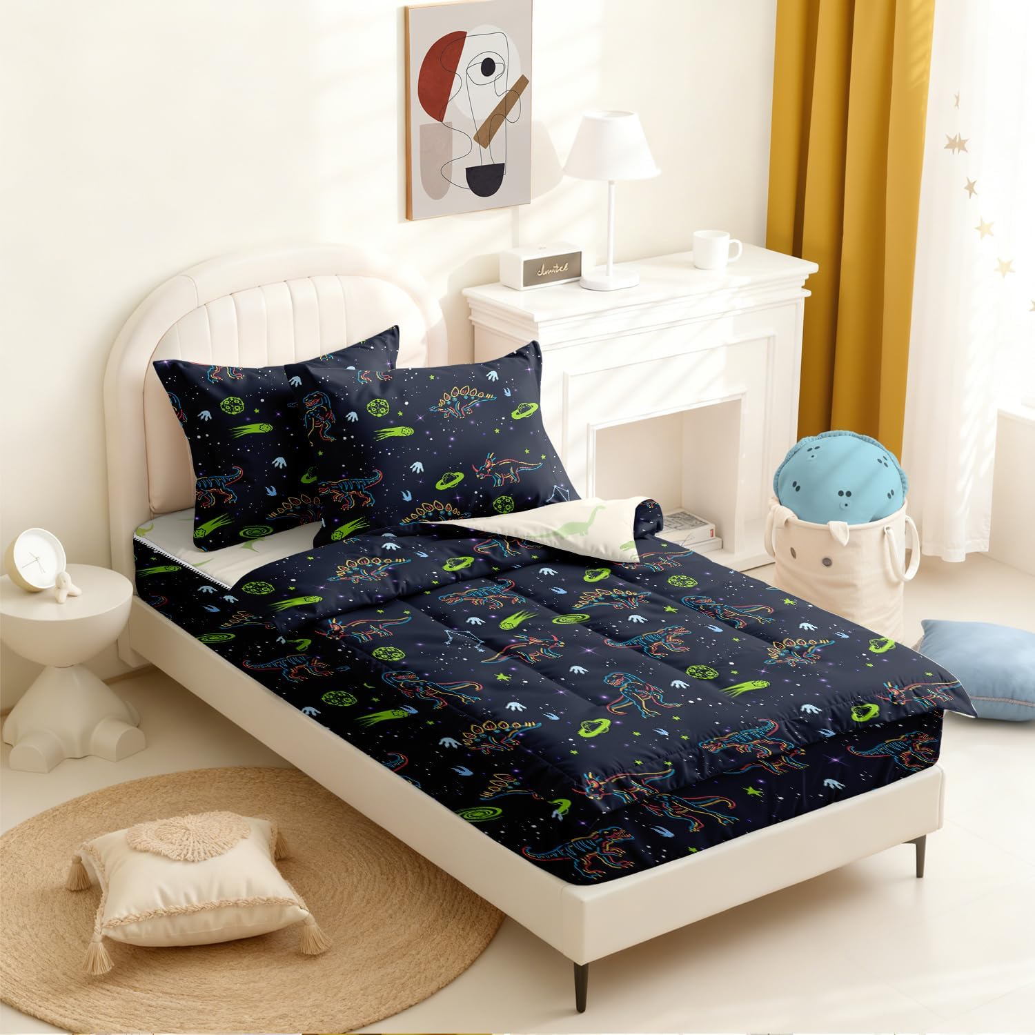 Kids Comforter Set,Zipper Bedding Twin for Teen,Cartoon Dinosaur Printed Comforter Set with Dinosaur Fitted Sheets and Pillowcases for All Season(Dinosaurs-B)