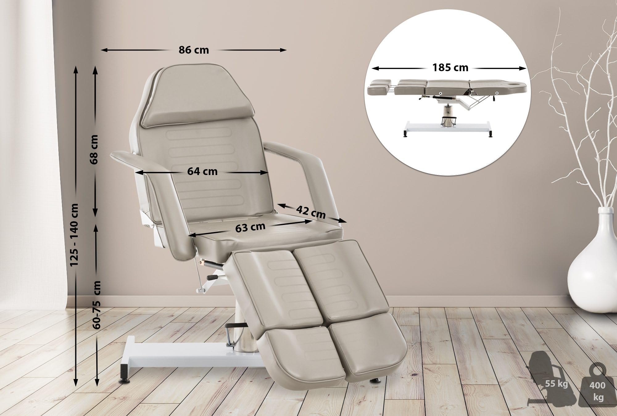 CLP Lettino Idraulico Centri Estetici Split V2 In Similpelle I Lettino Professionale Regolabile Con Braccioli Rimovibili, Carico Max 400 KG, Colore:grigio