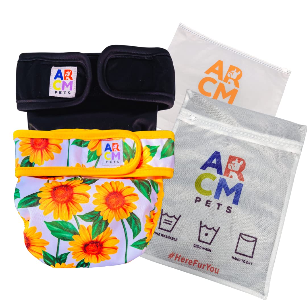 ARCM Pets No Tail Hole Washable Pet Diapers, Dog Diapers Female & Baby Goat Diapers-Ultra Absorbent, Premium Doggie Diapers & Adjustable Waist Diapers for Small Dogs (Sunflower)