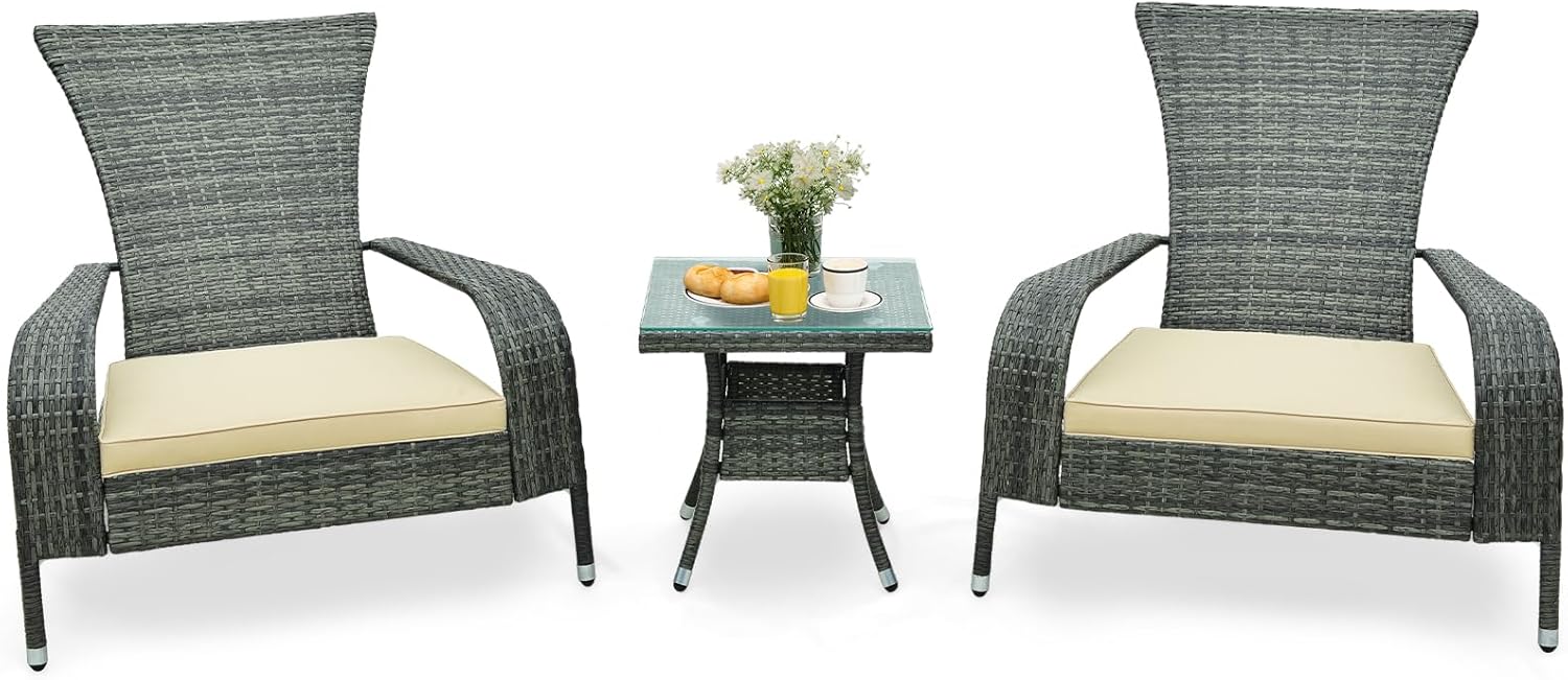 HAPPYGRILL Rattan Adirondack Chair Set, Patio Wicker Chair & Coffee Table, Extra-Wide Outdoor Chairs with Seat Cushions, 3 Piece Patio Rattan Chair Set for Backyard, Poolside
