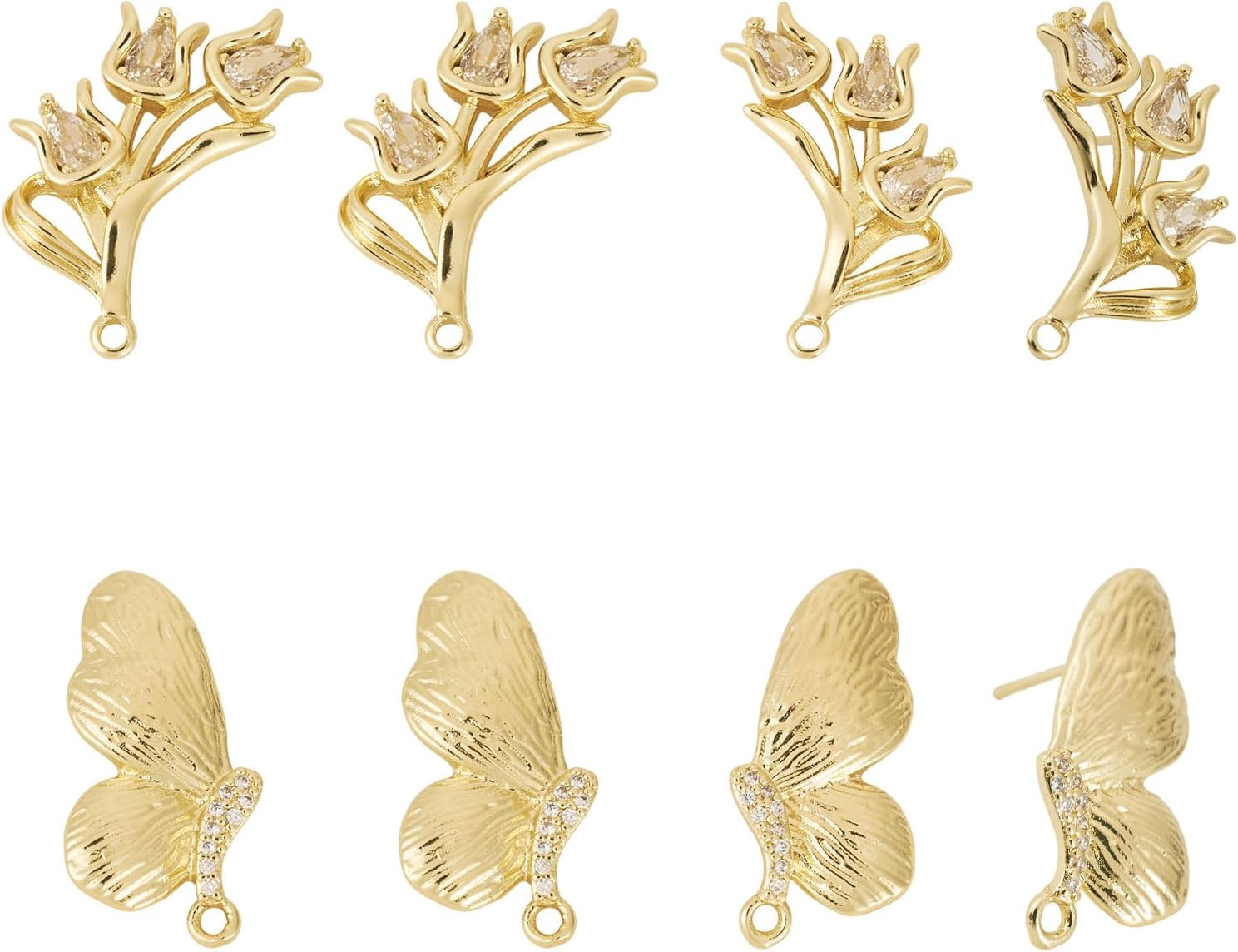 Beadthoven Flower Butterfly Post Earring Studs with Loop, 18K Gold Plated Brass Earring Posts Christmas Crystal Cubic Zirconia Ear Pins for DIY Jewelry Making Findings Hole: 1.6mm Pin: 1mm 8PCS