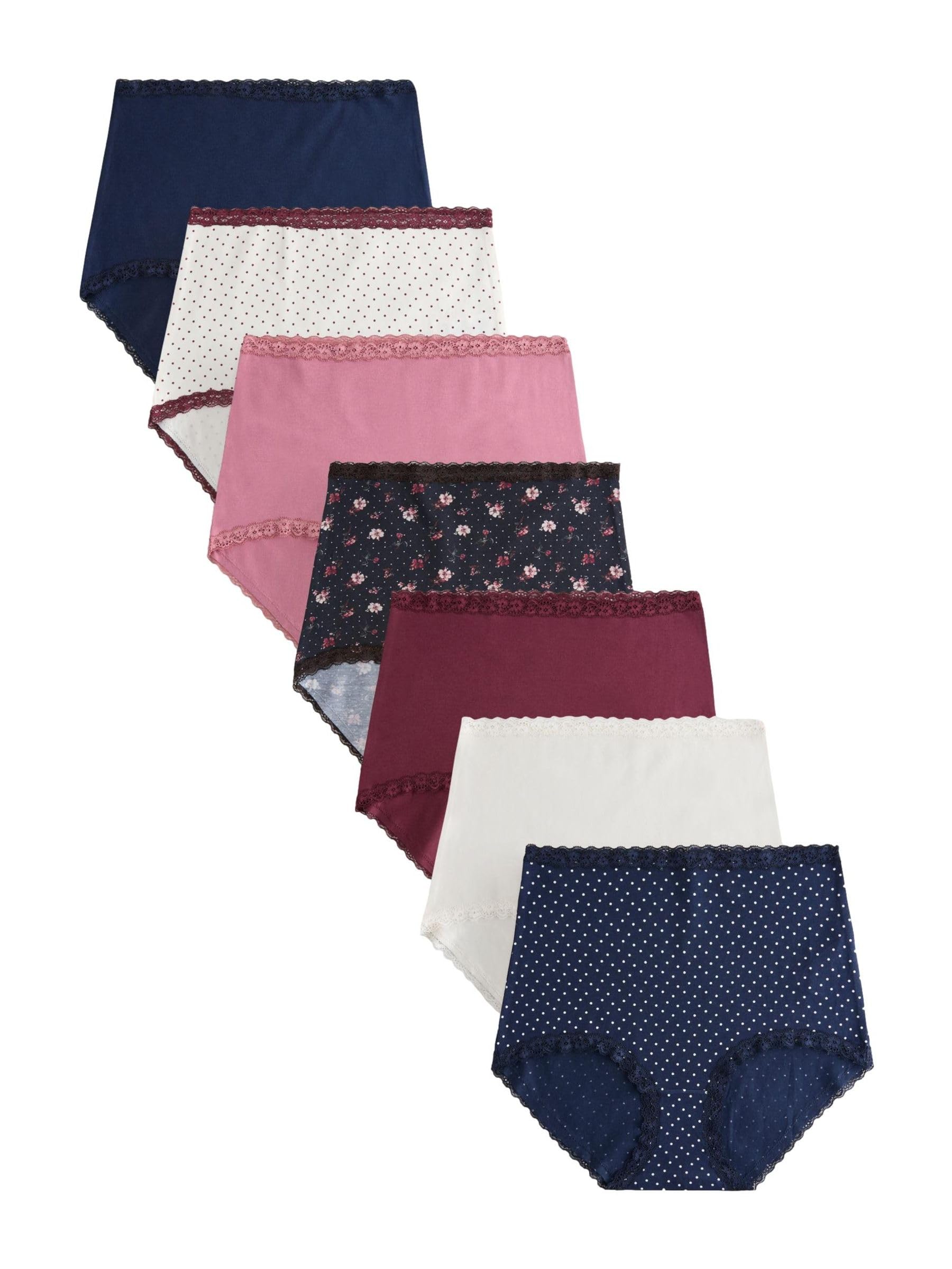 NEXT Mujeres Pack de 7 Braguitas Anchas de Encaje y algodón Black Floral/Berry 40