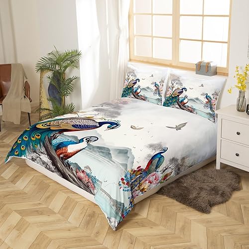 Miniatura 3 de Erosebridal Funda de edredón de pavo real para niños, diseño de plumas de mariposa, pájaros, flores, colorido, juego de ropa de cama de microfibra