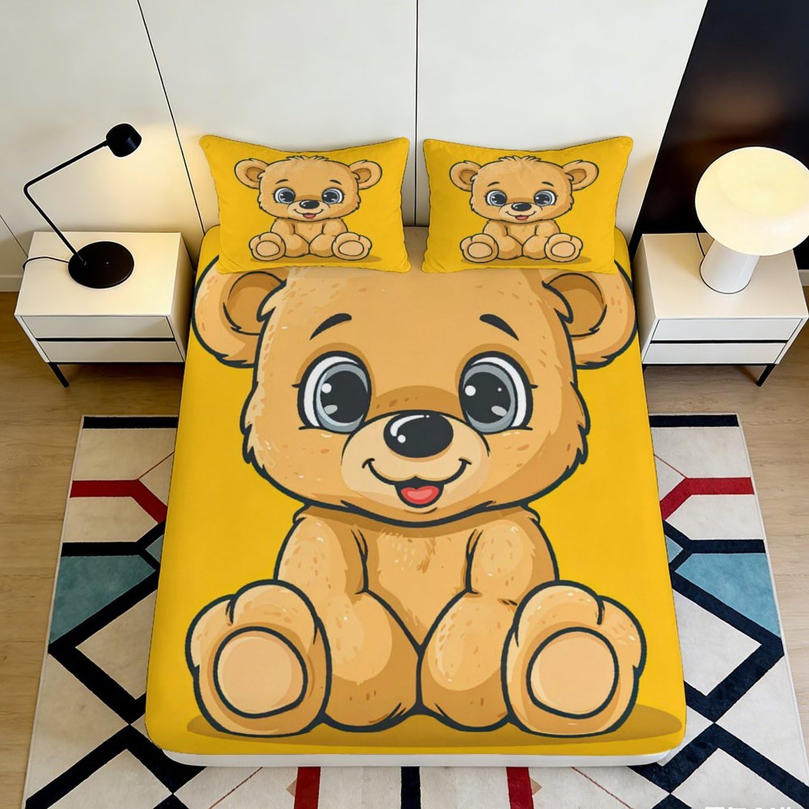 Uynsixtme Style-7 3D Printed Cartoon Bear Fitted Sheet Microfiber Deep Pocket Bedroom Bedding For Adults Teens Non-Slip Cartoon Bear Mattress Fitted Cover Washable 200X200x25cm