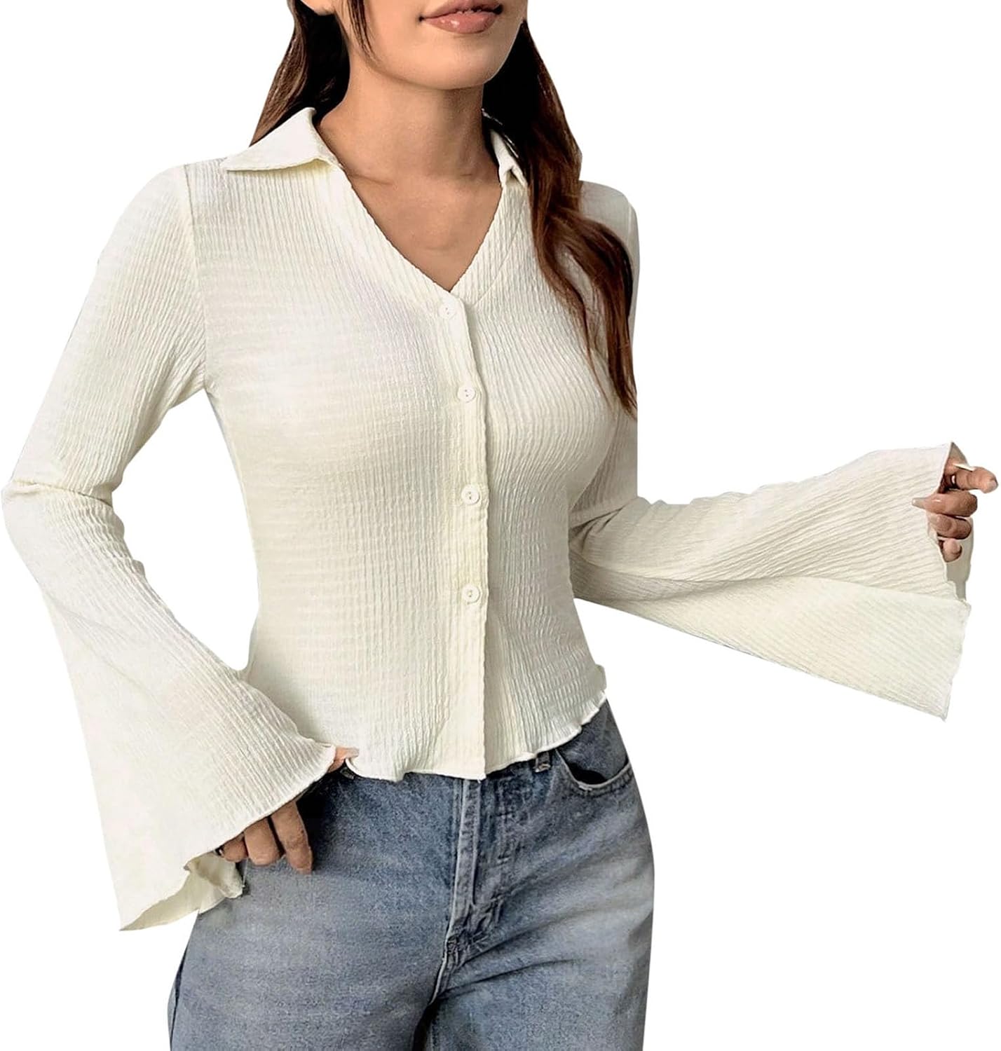 Button Down Shirts for Women Long Bell Sleeve Lapel Dressy Blouses Slim Work Fall Fashion Tunics Solid Color Tops