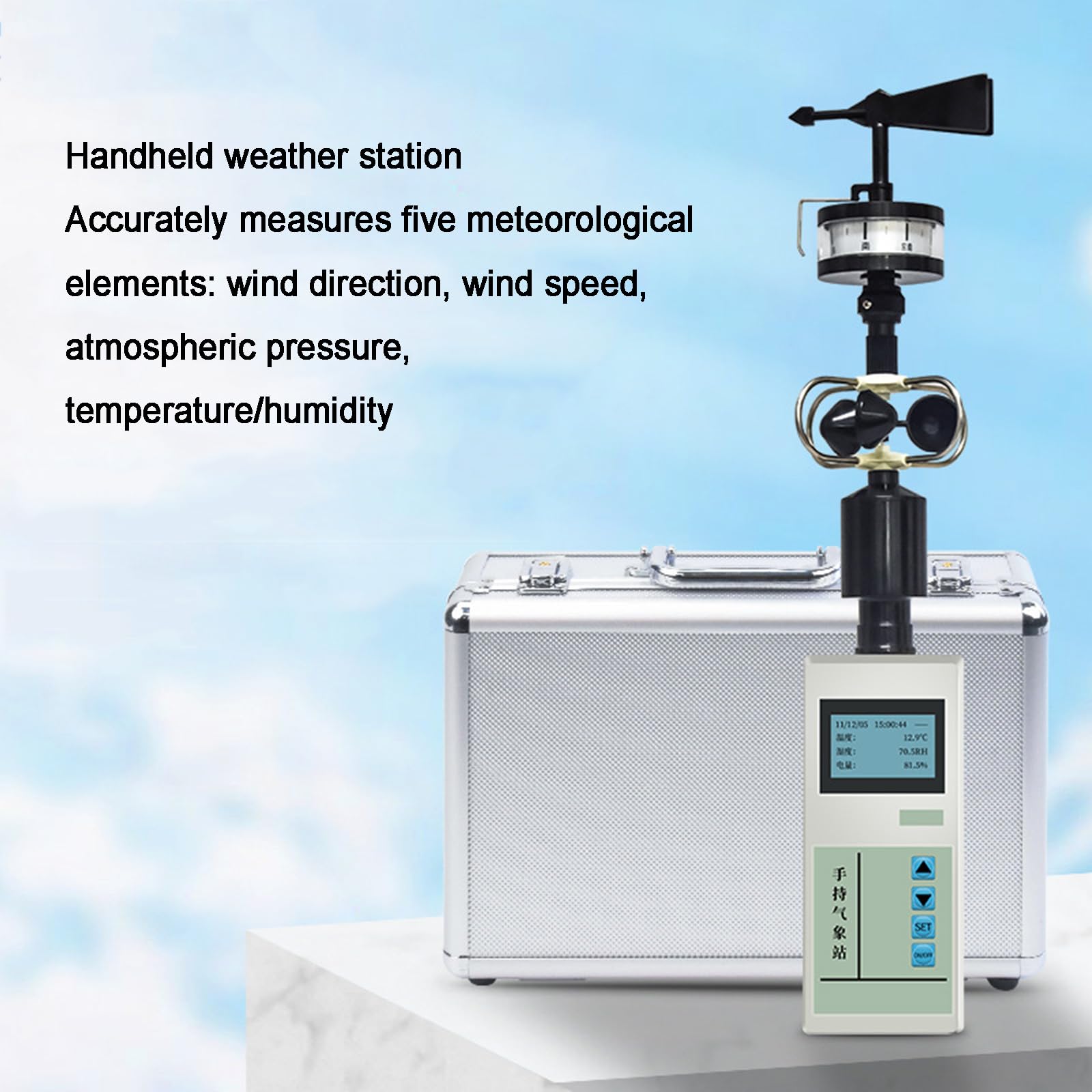 Przenośny anemometr, stacja meteorologiczna dla prędkości i kierunku wiatru, z wyświetlaczem LCD i 16-pozycyjnym banderolem, wyjściem danych USB, do meteorologii