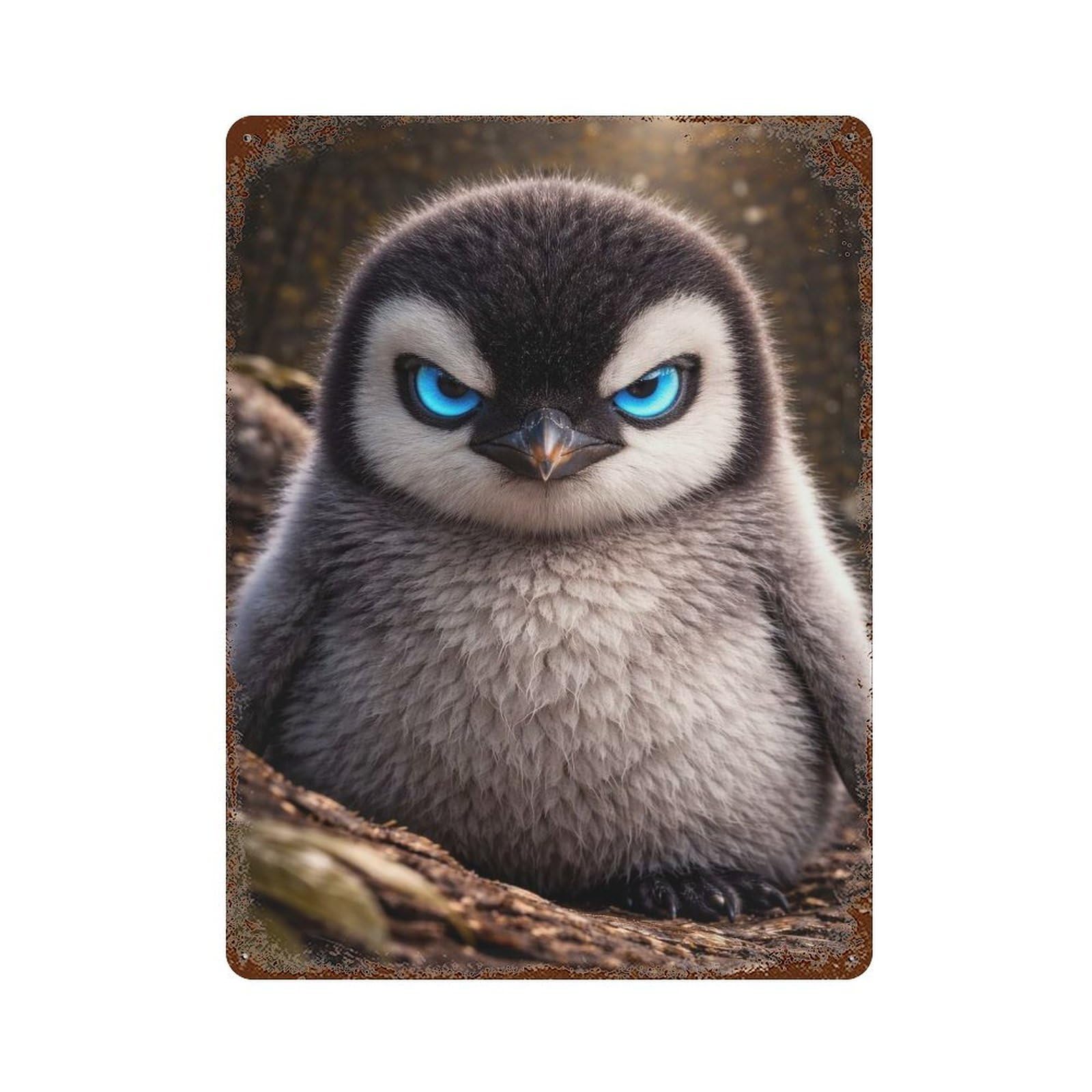 Rusty Metal Tin Sign Angry Baby Penguin with Glowing Eyes 15.7"x11.8", Rustic Home Decor for Shed, Workshop And Garage Wall Decor