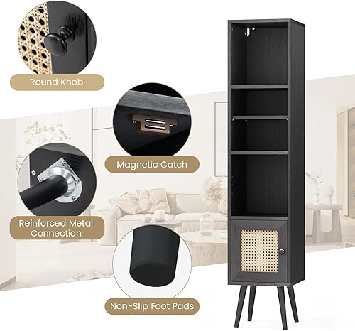 Miniatura 6 de LOKO Armario de almacenamiento delgado y alto, estantería bohemia con puerta de ratán, estante ajustable de 12 posiciones y patas de madera maciza,