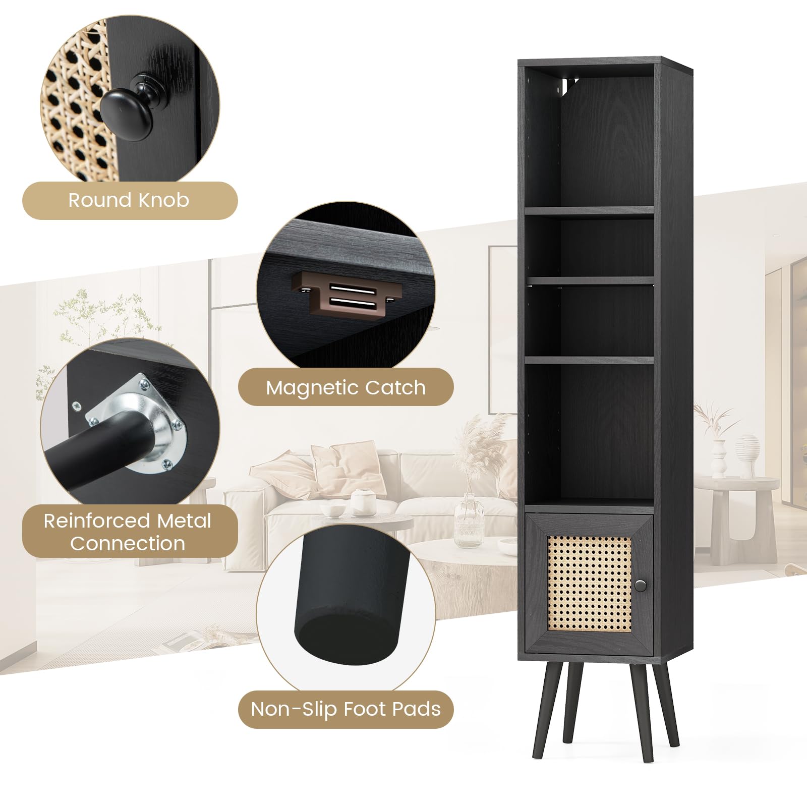 GIANTEX Armoire Autoportante avec Porte en Rotin, Meuble Colonne de Rangement avec Étagère Réglable, Bibliothèque sur Pied avec Dispositif Anti-basculement, pour Salon, Salle d’Étude (Noir)