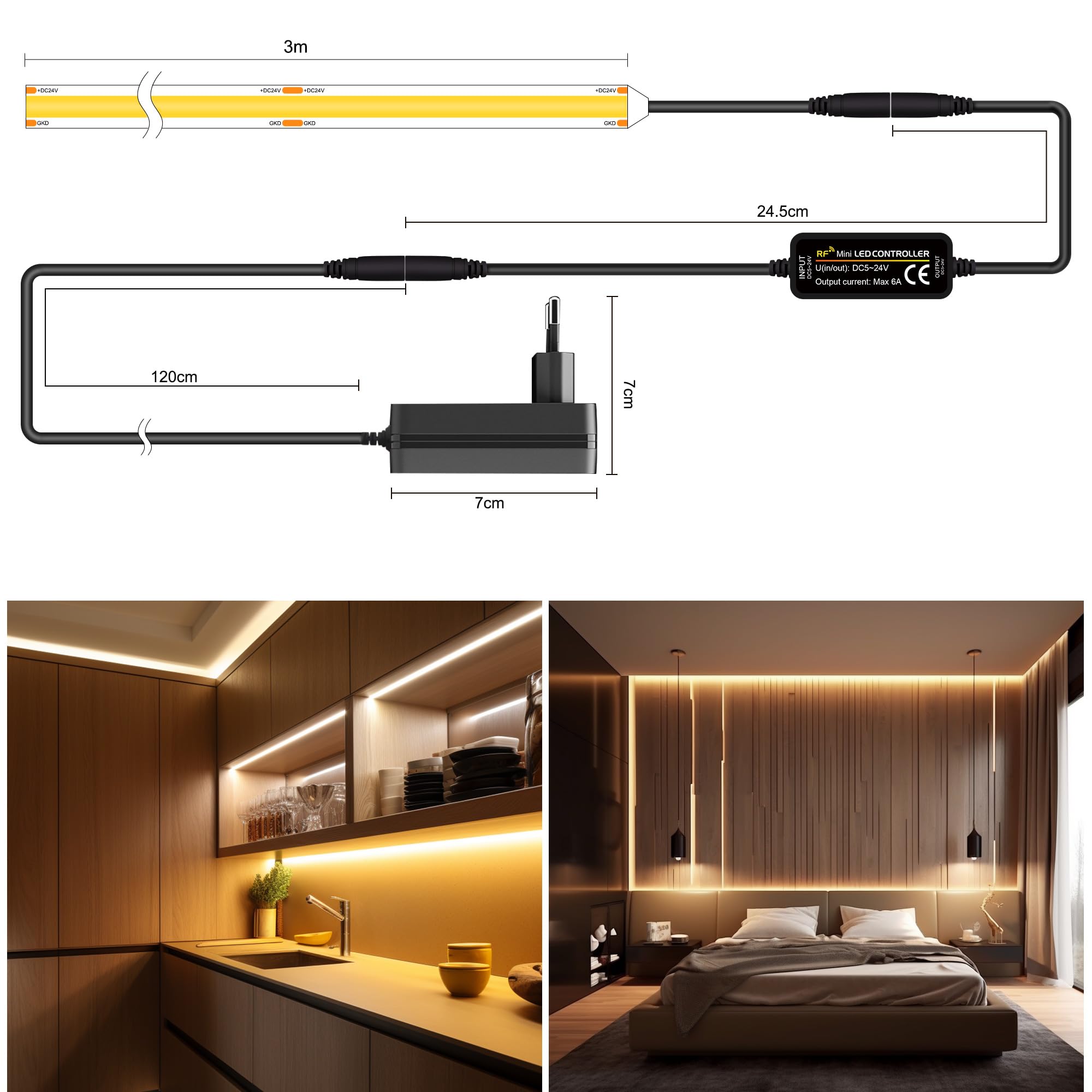 TTWAY Striscia LED COB 3M, LED Striscia 2700K con Alimentatore e Telecomando, DC24V, 480LEDs/M, CRI 90+, larghezza 8mm, Striscia LED 3 metri Bianco Caldo per la Decorazione della Camera da Letto
