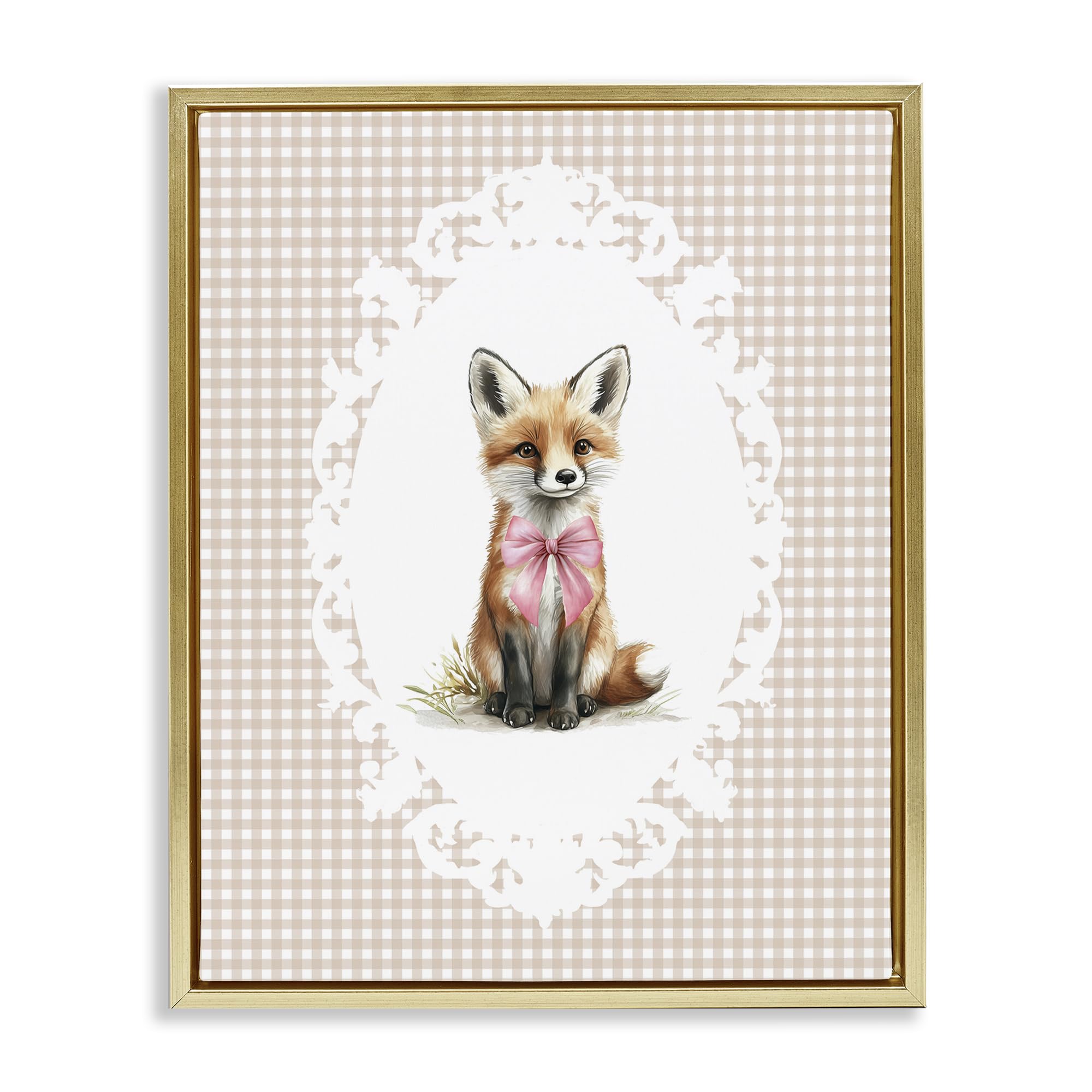 Stupell Industries Metallic Gold (Matte) 'Vintage Bow Fox On Gingham'| Floating Frame Canvas Art