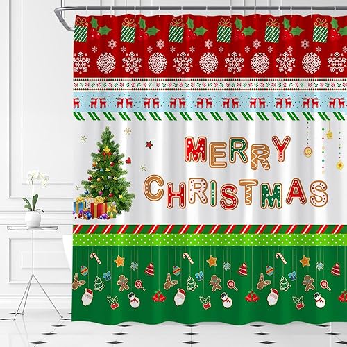 Miniatura 1 de Cortina de ducha de Feliz Navidad, campanas de Navidad, árbol, copos de nieve, muñeco de nieve, pan de jengibre, vacaciones de invierno, feliz año