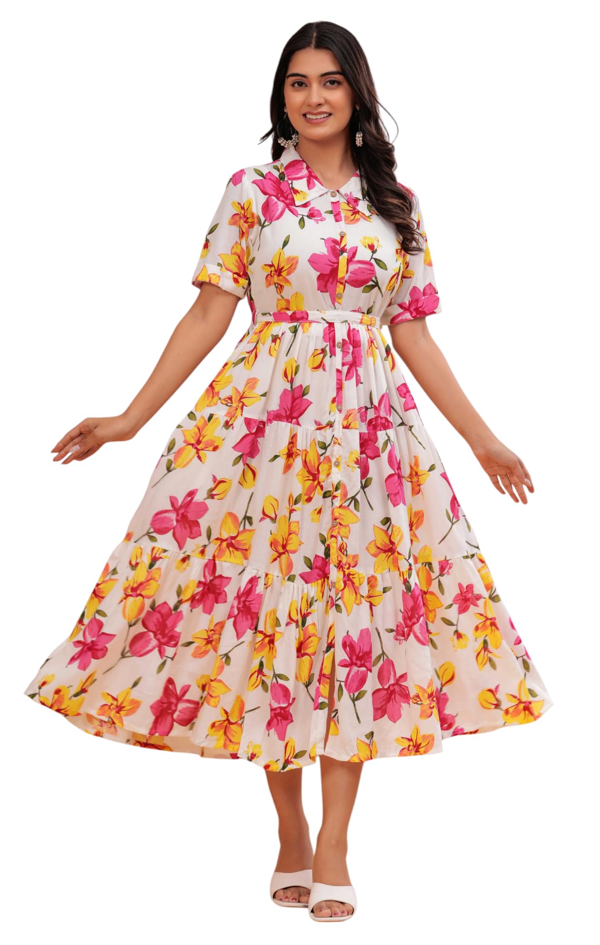 Jikonet Women's Western Dress Floral Printed Cotton Maxi Dress, (Small, White)