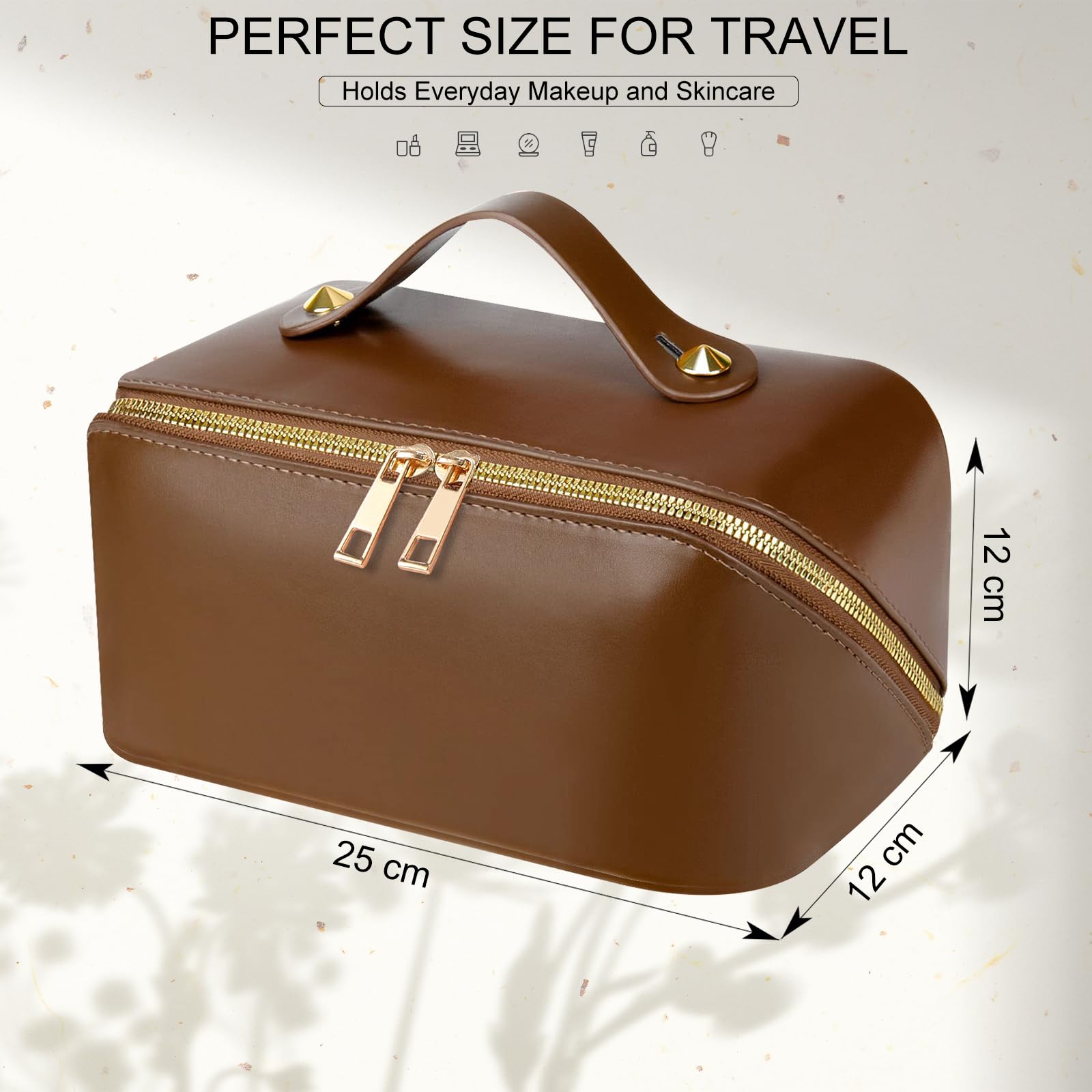 Neceser Maquillaje Grande de PU Cuero - Bolsa de Viaje XXL para Mujer - Organizador de Aseo y Makeup Bag - Accesorios de Viaje (Liso-Marrón)