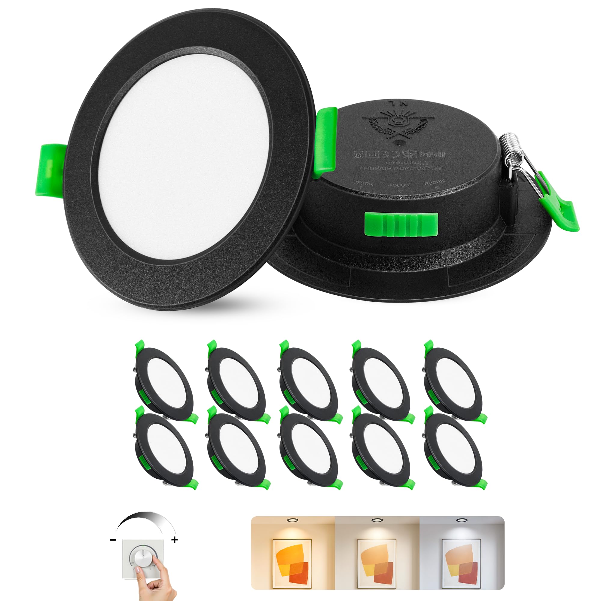 Confezione da 10 Pack da Incasso a LED 230V Nero - Faretti da Soffitto IP44 - Faretti da Incasso a Soffitto Ø68-80mm, 2700K/4000K/6500K Lampada da Soffitto Plafoniera LED per Bagno Cucina