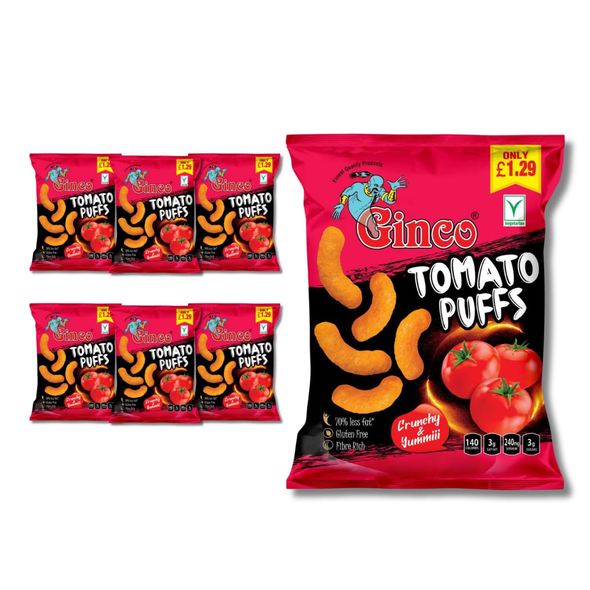 Ginco Tomato Puff Crisps (6 x 100g) - Tomato Flavoured Sharing Crisps Corn Snack | Tomato Puffs Crisps, Baked Crisps Multipack | Melty Puffs Sharing Bag Crisps, Gifts For Vegetarians | Healthy Snack