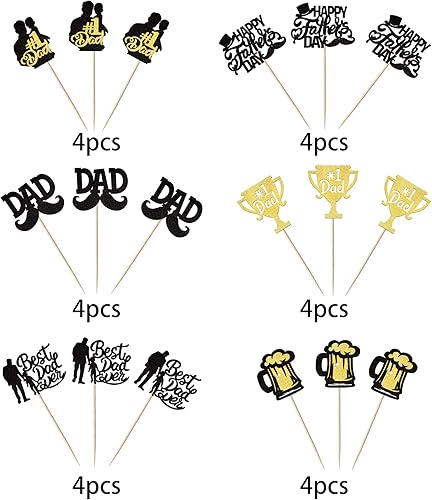 Miniatura 3 de Paquete de 24 adornos para cupcakes con purpurina para el Día del Padre, con purpurina para el mejor papá del mundo, sombrero de bigote #1 para