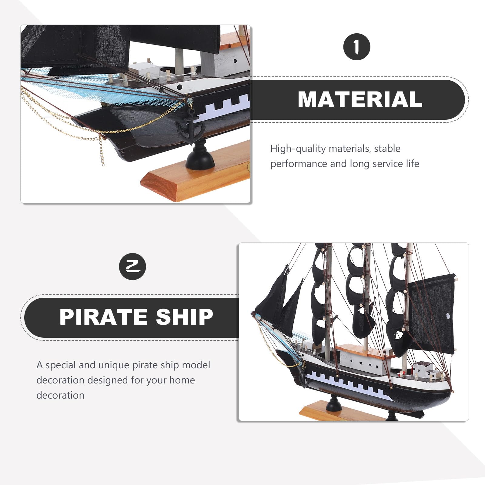 WOONEKY Modello di Barca a Vela Pirata in Legno Nero 33cm per Decorazioni Nautiche Uniche per Vacanze Estive e Arredamento Casa