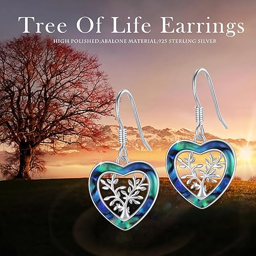 Miniatura 4 de Aretes de plata de ley 925 con forma de árbol de la vida, con forma de corazón de abulón, árbol genealógico, joyería de corazón para mujer, Plata,
