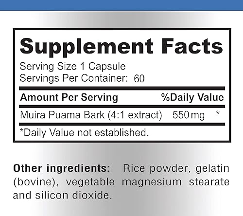 Miniatura 5 de Muira Puama Cápsulas - Extracto concentrado 4:1, equivalente a 2200 mg por cápsula, 60 cápsulas