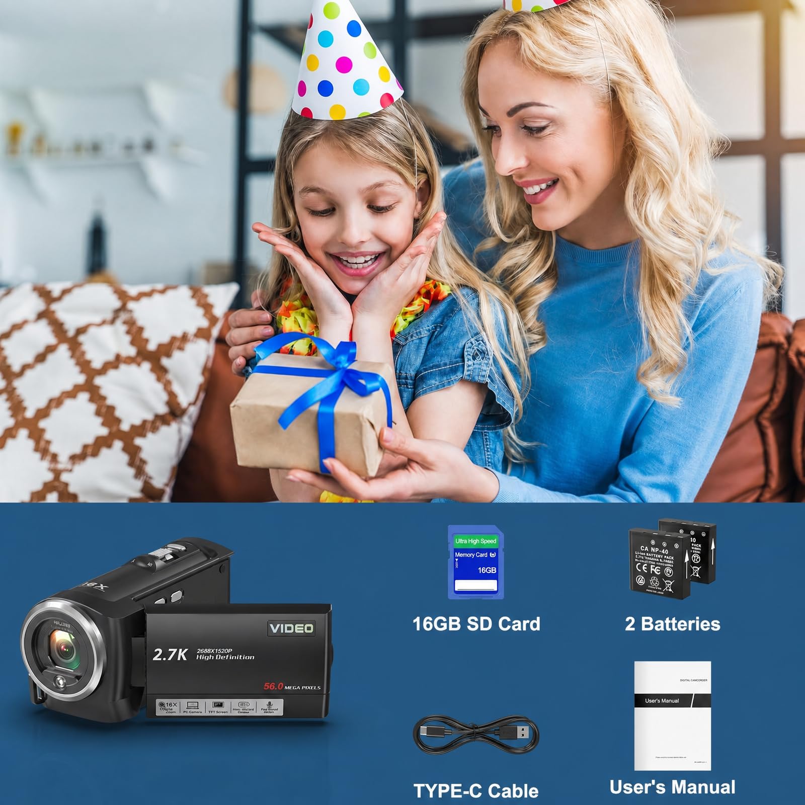 Videocamera 2.7K 56MP Camcorder 16X Zoom Digitale Luce di riempimento Vlogging Camera | Videocamera vlogging con luce di riempimento a LED, per YouTube, schermo LCD da 2,8", scheda SD da 16 GB, 2 batterie