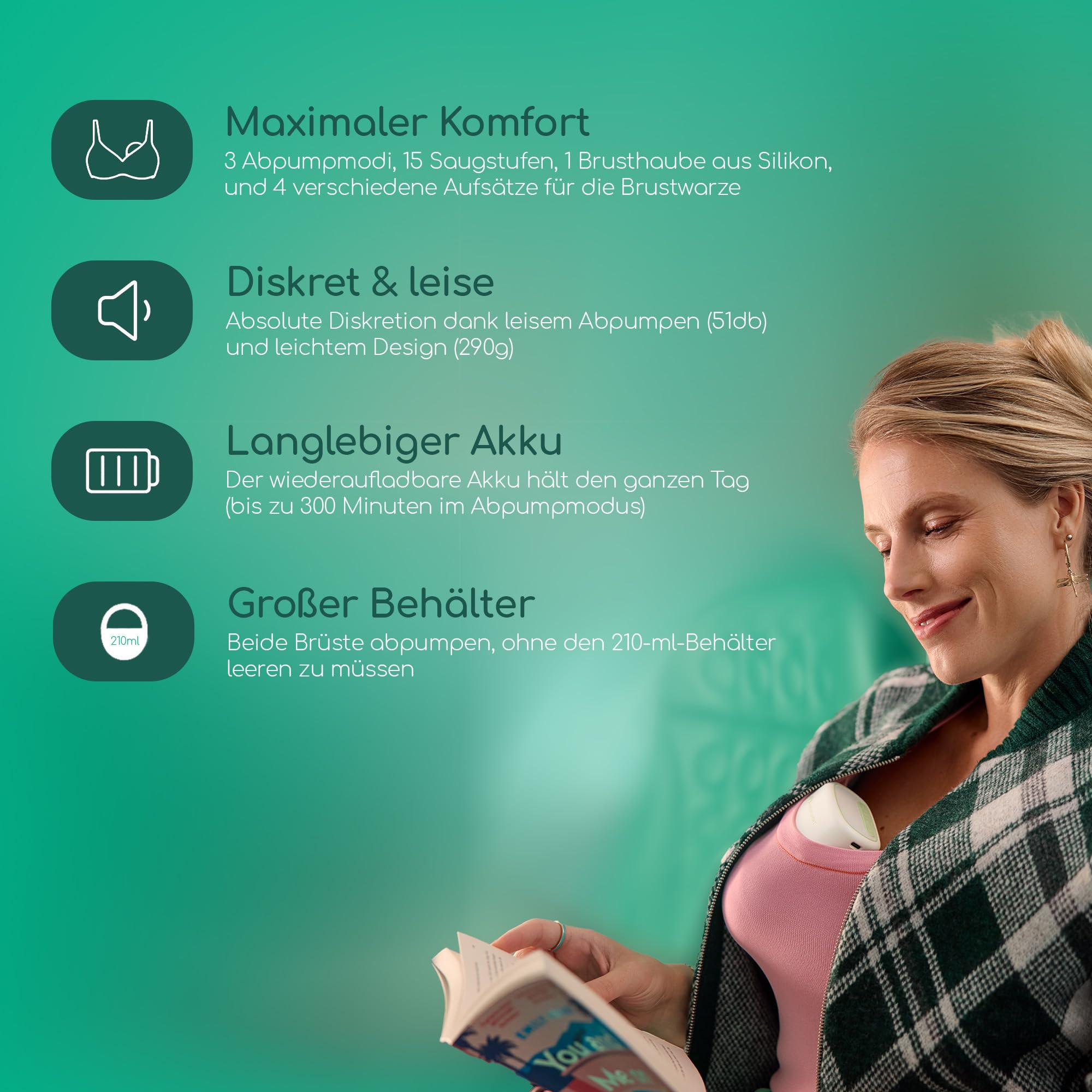 Bebeconfort Diskrete Milchpumpe Handsfree, freihändige Milchpumpe elektrisch, leises Abpumpen (51db), 3 Pumpmodi, 15 Saugstufen, langlebiger Akku, 210 ml großer Behälter