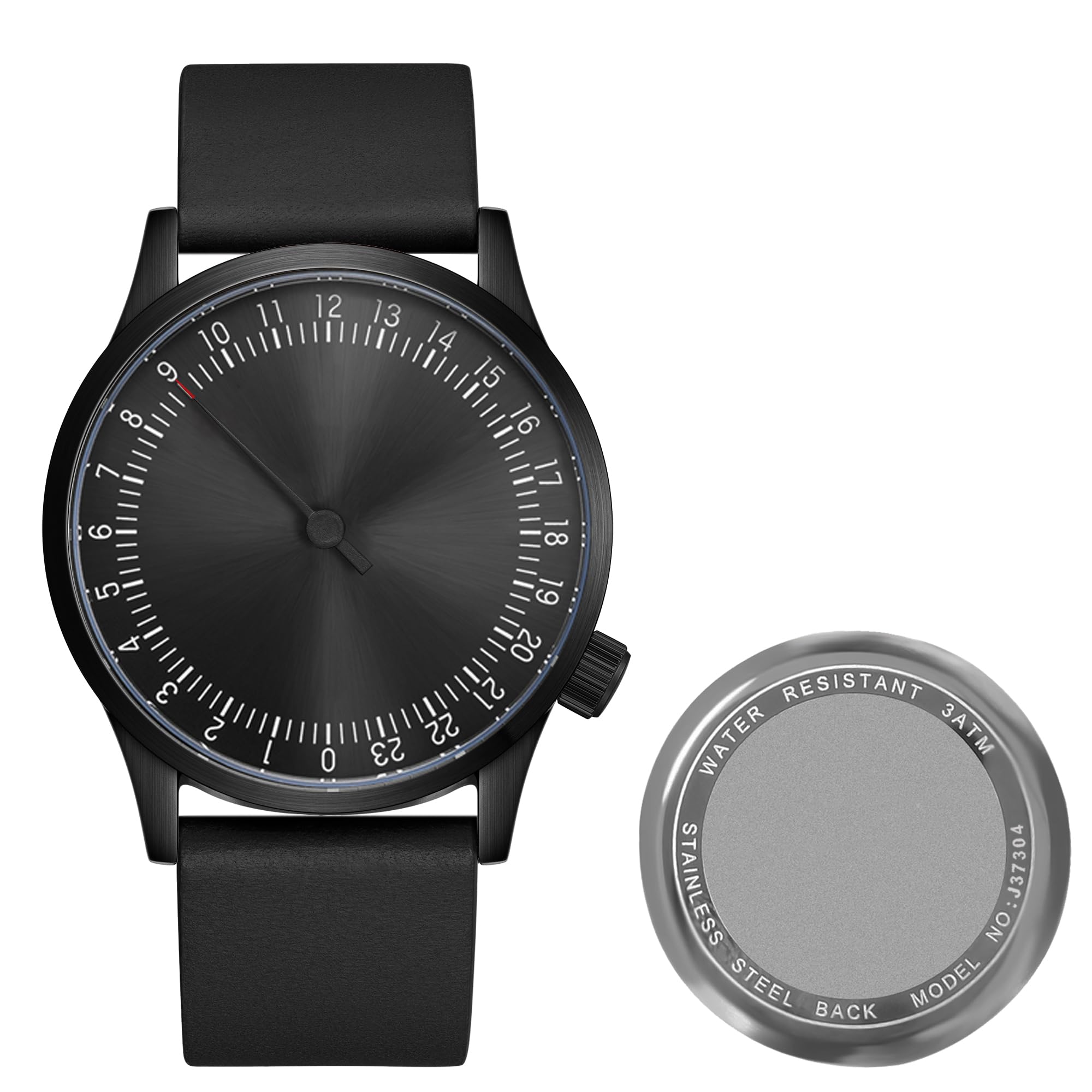 JIANDUN Swiss Movement Men's One Hand 24 Hour Watch Single Hand Black Case with Italian Leather Strap