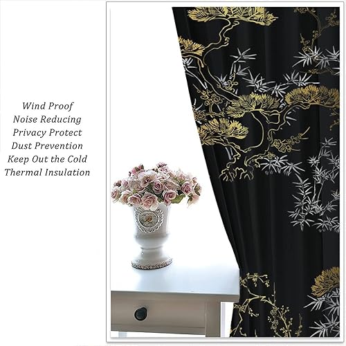 Miniatura 5 de Cortinas chinas de oro negro, paisaje, tradicional, japonés, habitación temática japonesa, cortinas opacas con bolsillo para cortinero, para