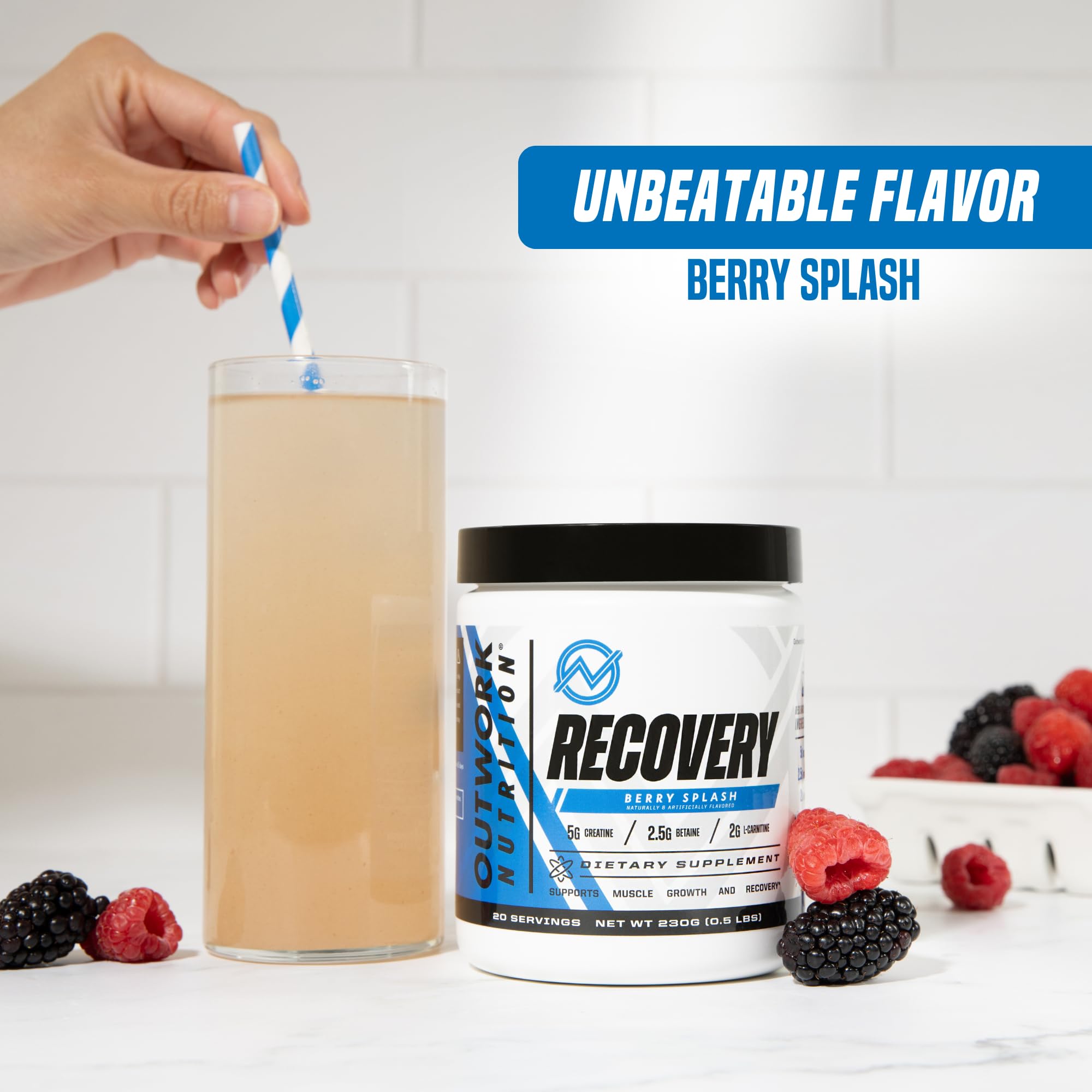 Outwork Nutrition Post Workout Recovery Powder - Creatine Monohydrate, KSM-66 Ashwagandha & Tart Cherry - Speeds Recovery, Eases Soreness - Creatine Powder for Men & Women, Berry Splash, 240 Gr