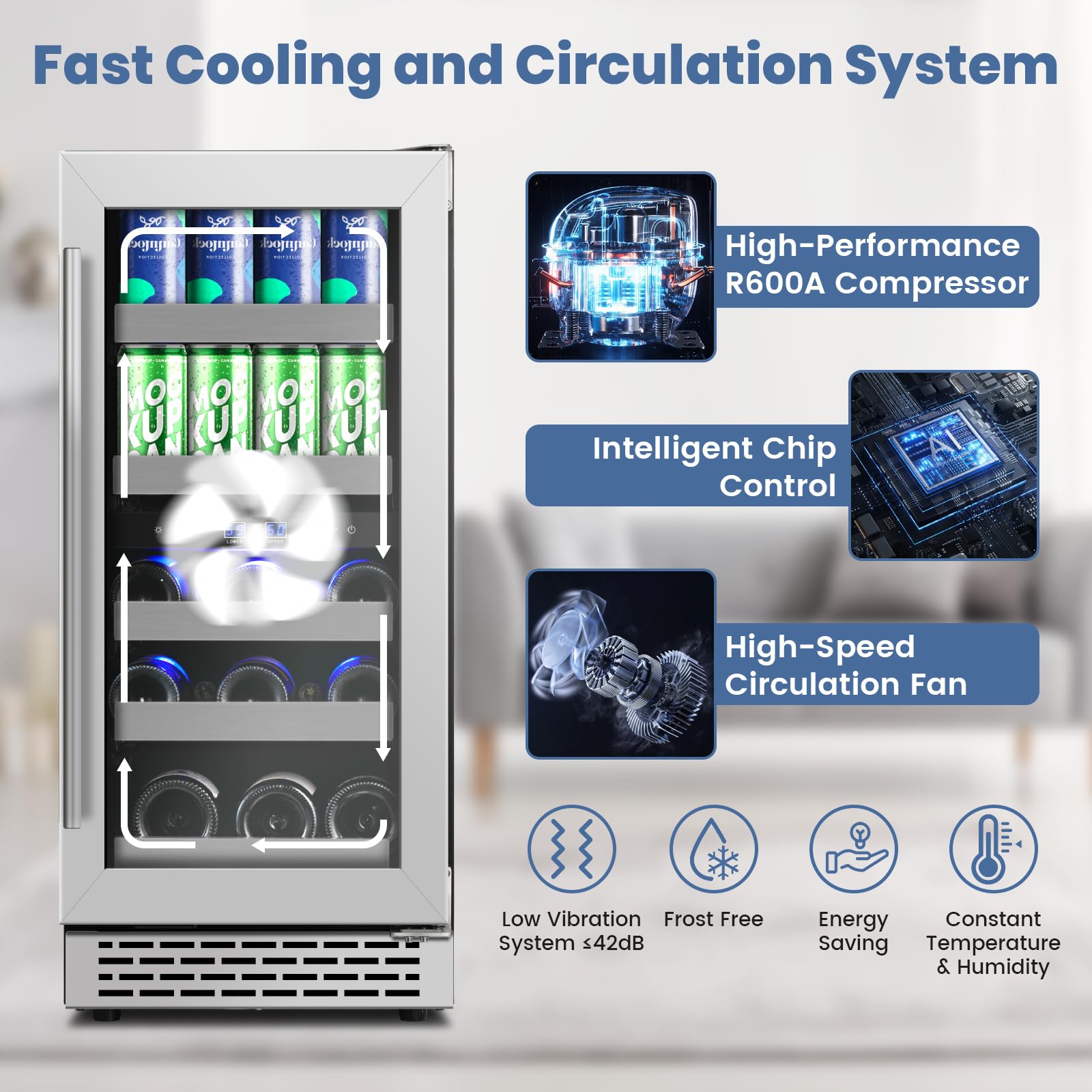 Wineboss 15 Inch Wine And Beverage Refrigerator, 13 Bottle & 48 Cans Dual Zone Wine Cooler, 37-65°F, Freestanding/Under Counter Beverage Fridge With Glass Door Stainless Steel Shelves on Fridge.com - View 2