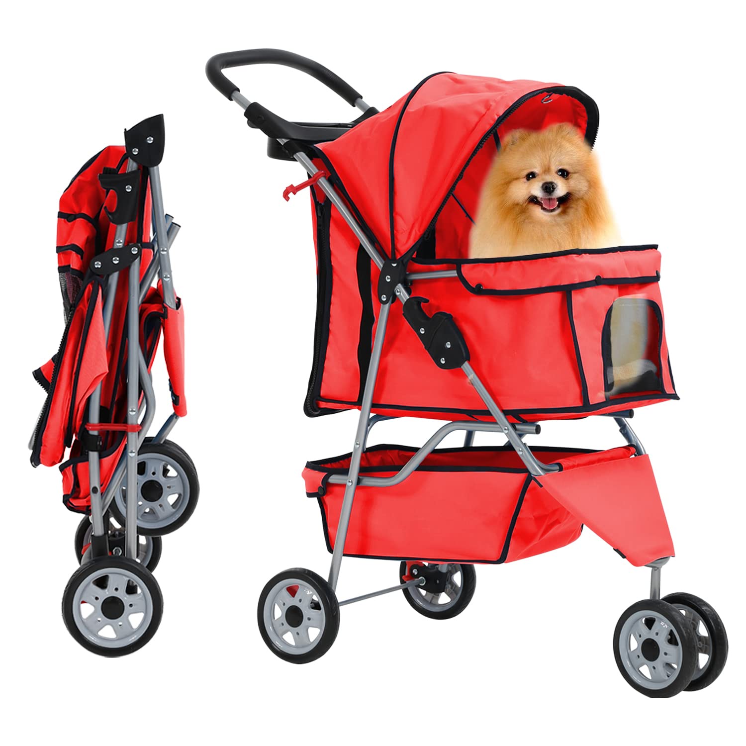 Purple 3-Wheel Folding Cat & Dog Stroller - Waterproof, Cup Holder, Removable Liner - Small & Medium Pets