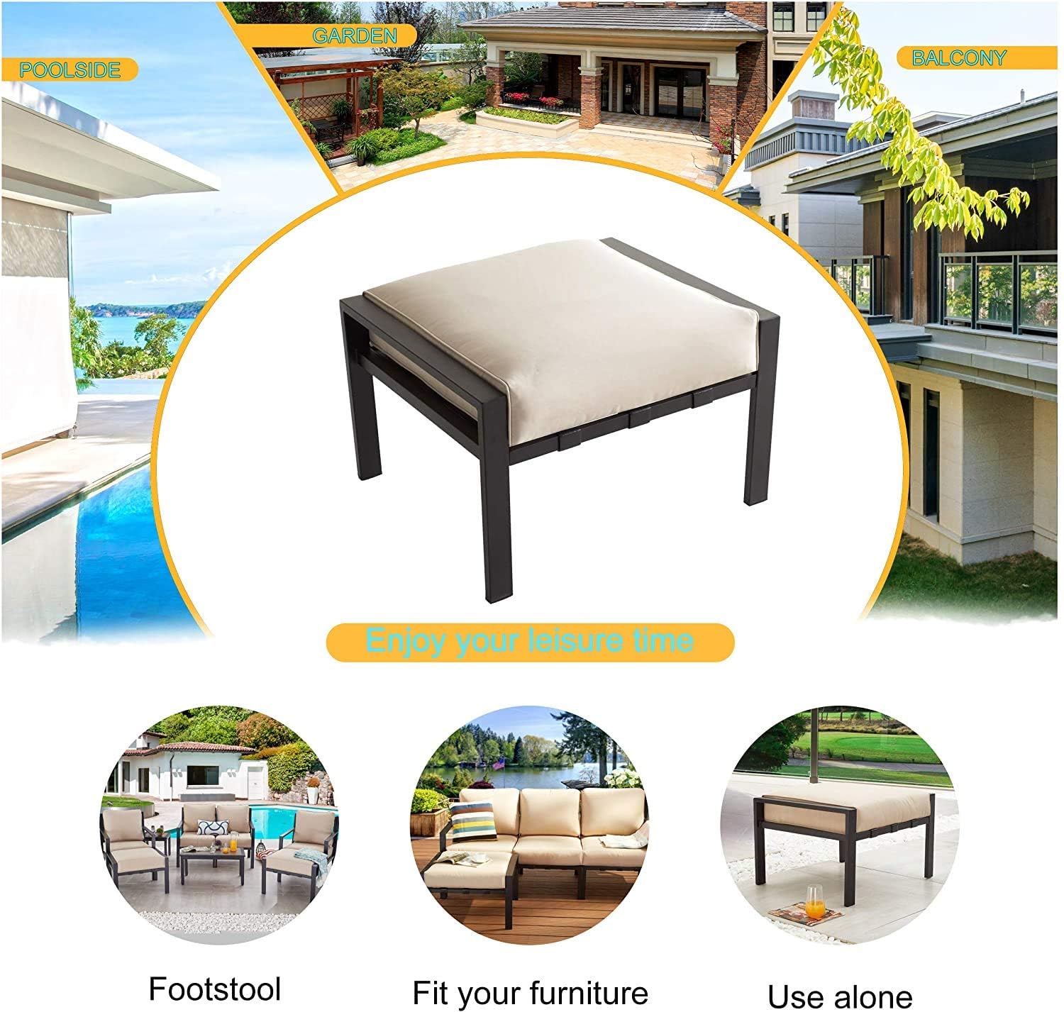 OGFC 45132 Home Outdoor Ottoman Patio Footstool Small Seat Furniture with Soft Thick Cushion for Garden Yard Deck Poolside, Bed Room Living Room, Balcony Black. 3