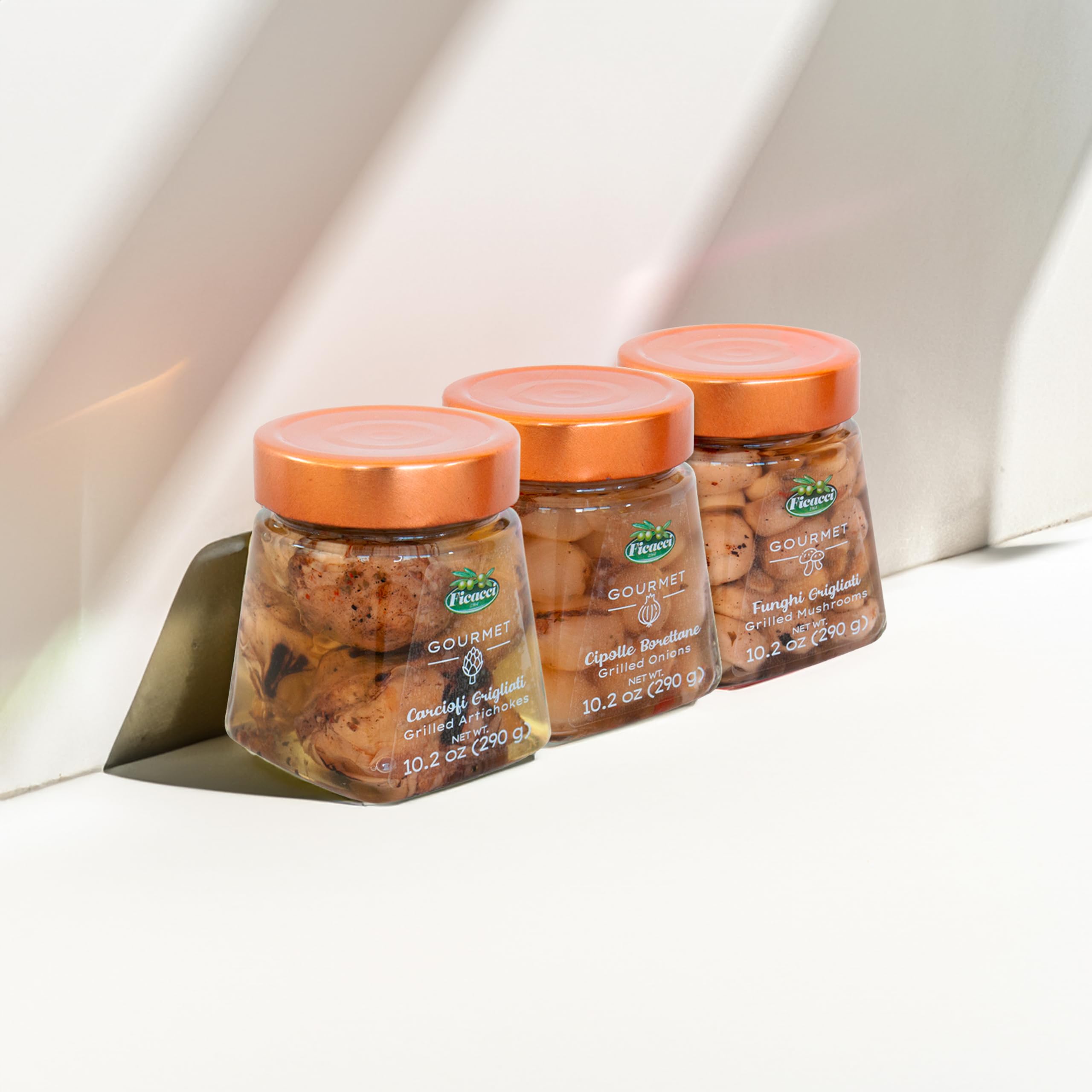 Ficacci - Selezione Antipasti Gourmet - Antipasti Bianchi (Carciofi, Cipolle, Funghi) 3X290g (870g)