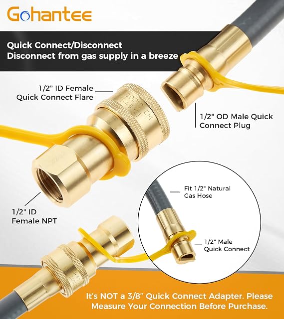 1/2 Gas Quick Connect Kit, Disconnect Connector with Male Insert Plug, Solid Brass 1/2 inch Natural Gas Propane Quick Connect Adapter Fit for 1/2 Natural Gas Hose