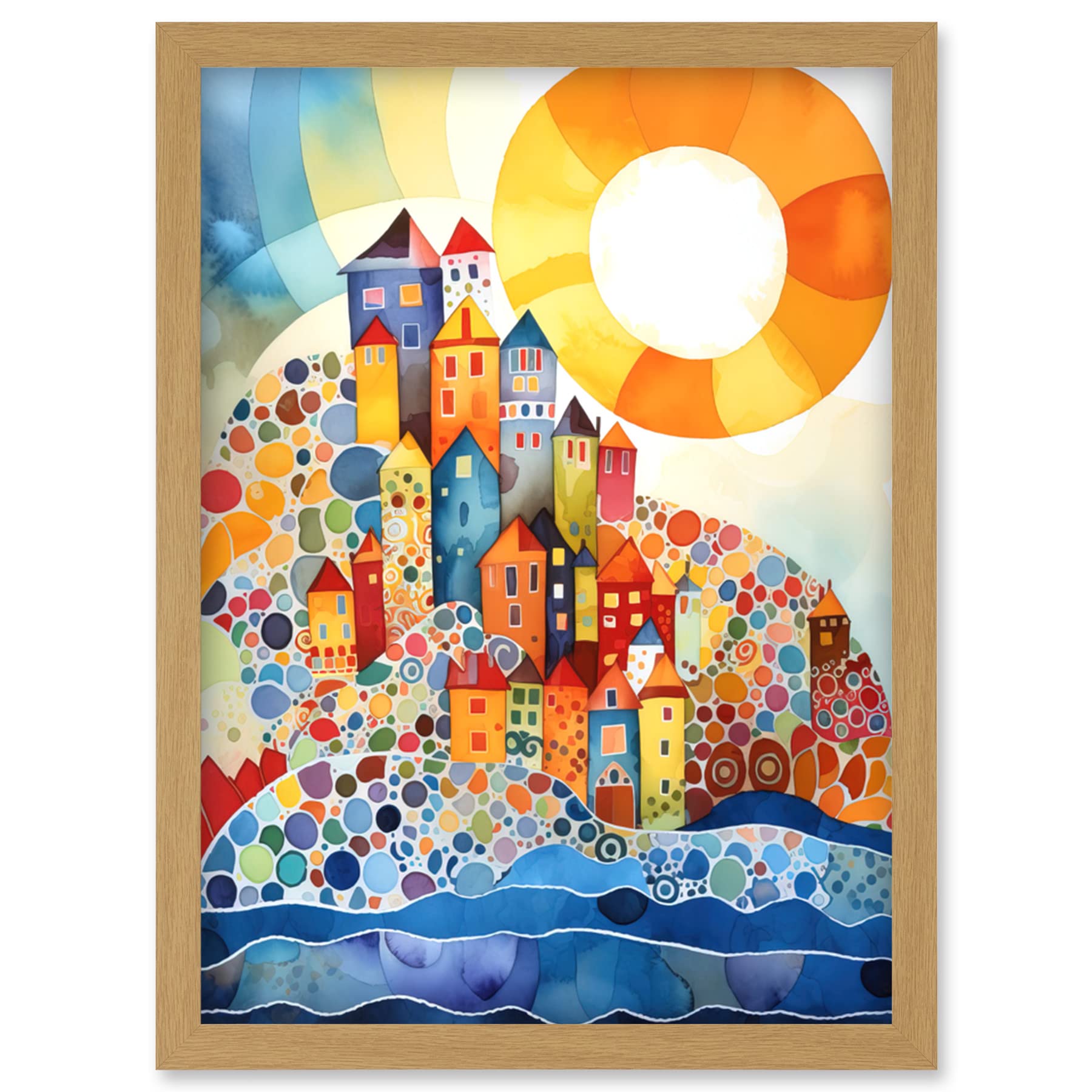 Artery8 Abstract Seascape Sunrise Village Folk Art Artwork Framed Wall Art Print A4