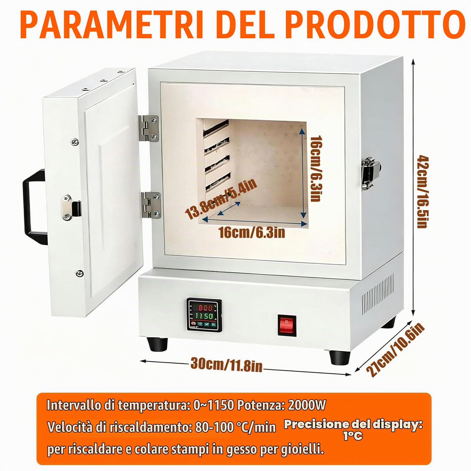 Forno Elettrico per Ceramica 2000W – Mini Forno a Muffola con Controllo Digitale Preciso ±1°C, Forno Compatto per Casa, per Metalli, Gioielli, Vetro, Argilla e Trattamenti Termici