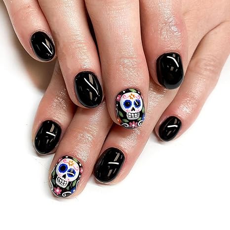 Halloween Press on Nails Short Square Fake Nails Black Full Cover Sugar Skull False Nails with Designs Glossy Glue on Nails Cute Acrylic Nails Stick on Nails Artificial Nails for Women Girls 24Pcs