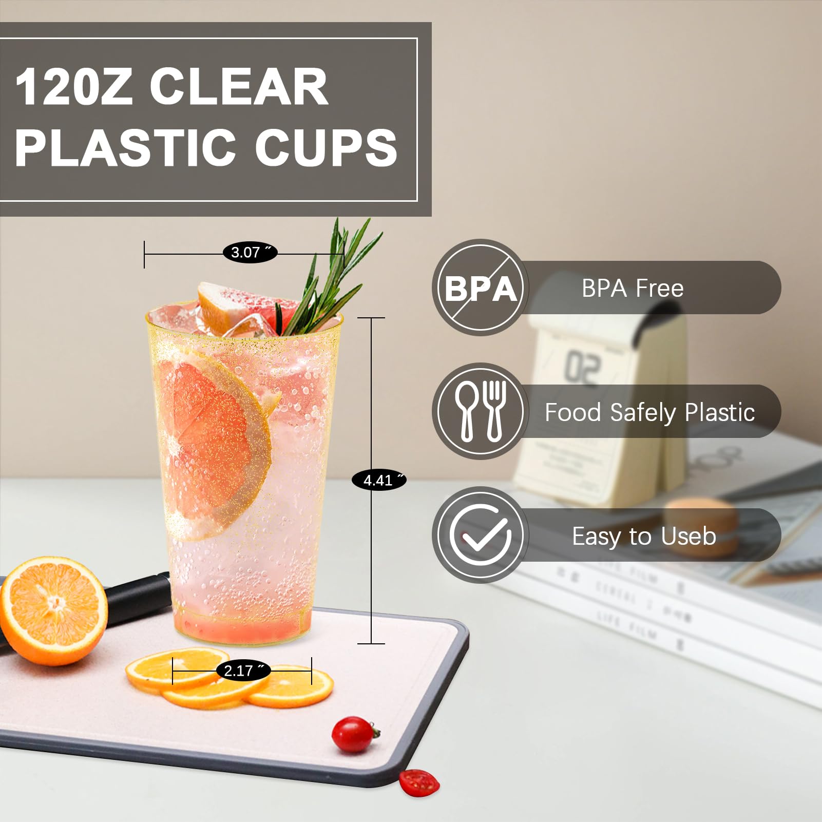 Clawsoff 12 oz Gold Plastic Cups, 100 Pack Cold Party Drinking Cups, Plastic Cup Tumblers, Disposable Gold Cup for Party, Wedding, Halloween, Christmas