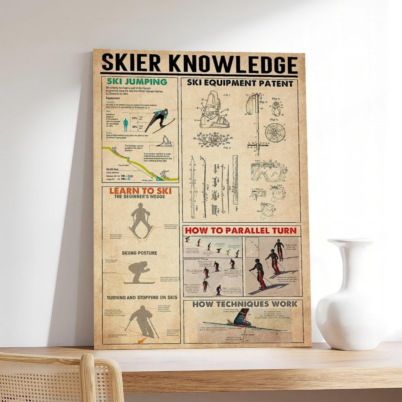 Poster su tela con scritta "Skier Knowledge", decorazione per camera da letto, ufficio, stanza, regalo, 50 x 75 cm