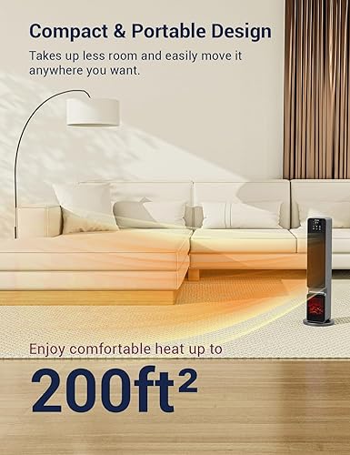 Miniatura 2 de DELLA Calentador eléctrico portátil de cerámica PTC de 26 pulgadas y 1500 W con llama 3D y sonido crepitante de fuego, 3 modos, ecológico con