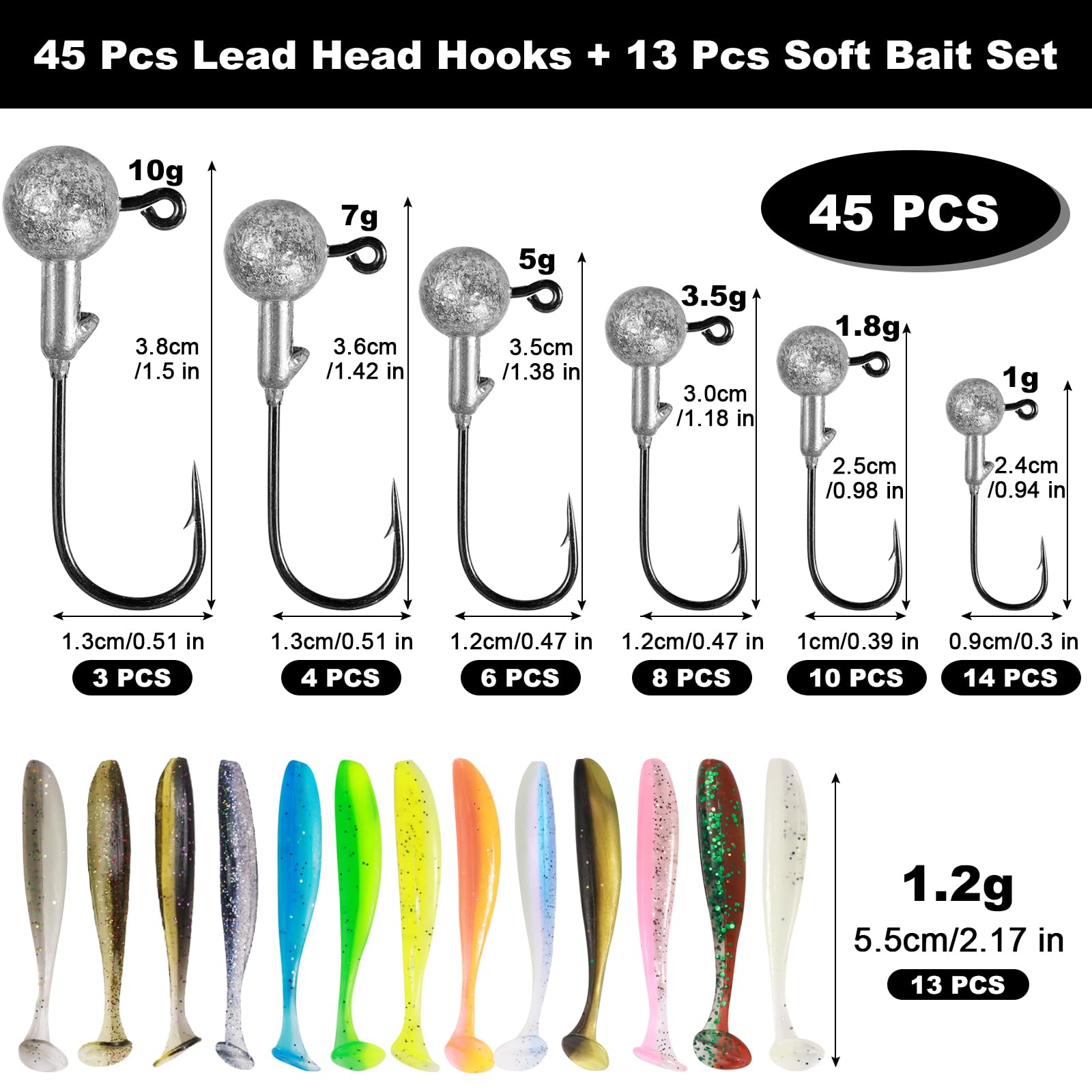 58 Pz / 6 Dimensioni Teste di Jig con esche di gomma 10g/7g/5g/3,5g/1,8g/1g Ganci da pesca con palline di piombo rotonde Esche morbide realistiche bicolori per acqua dolce salata per persico
