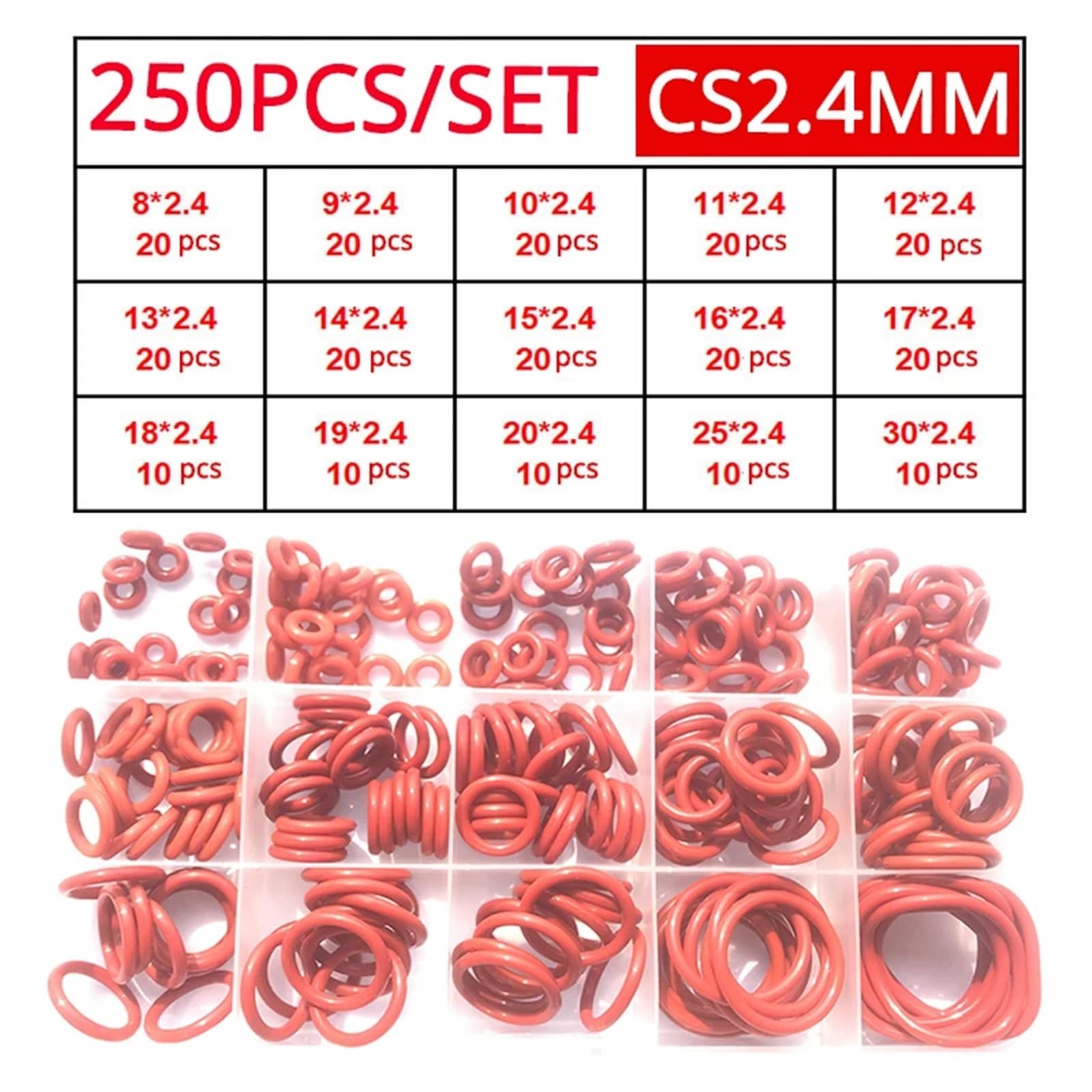 Juego de surtido de juntas tóricas de silicona roja, 250-100 piezas, juntas tóricas de silicona roja VMQ, juntas tóricas de goma con arandela de silicona(Red 2.4mm (1set))