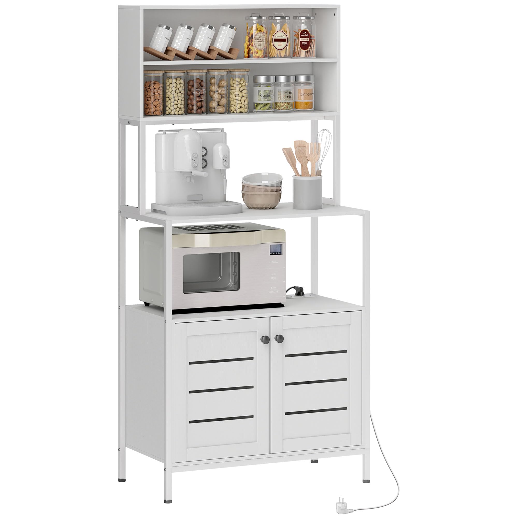 HOMCOM Scaffale Cucina con Ripiani, 2 Prese di Ricarica USB e AC, Scaffale per Microonde con Armadietti con Porte a Persiana, Mobile Cucina Salvaspazio in Legno e Acciaio, 80x42x171 cm, Bianco