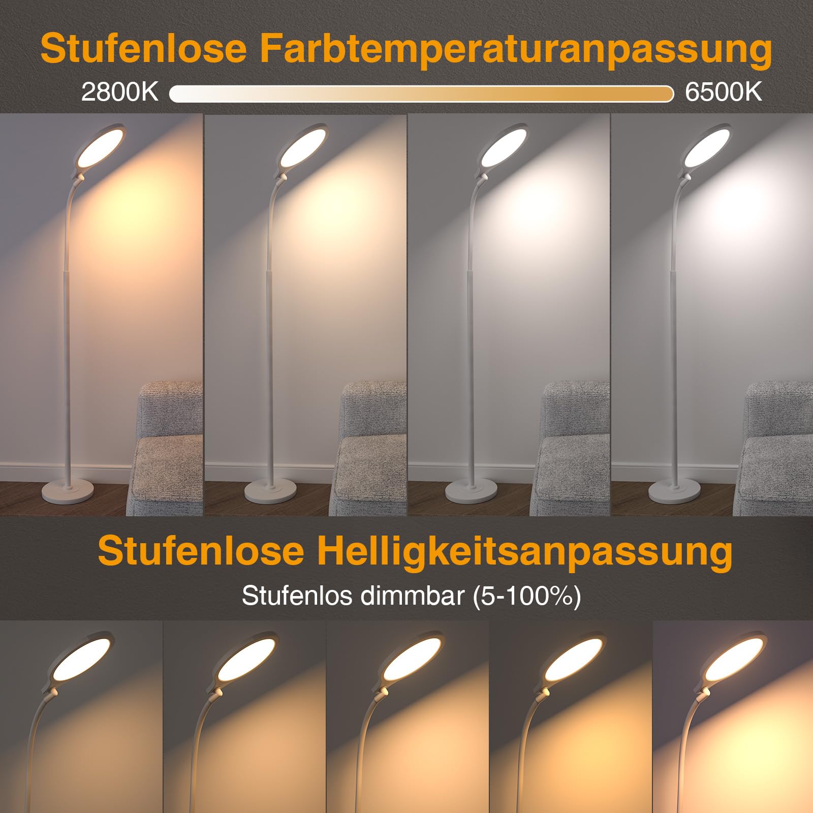 SOLLA Tageslichtleuchten Stehleuchte, UV-Freie LED Tageslichtlampe, 11,000 Lux, 5 Farben, 10 Helligkeiten, Touch-Steuerung mit Fernbedienung