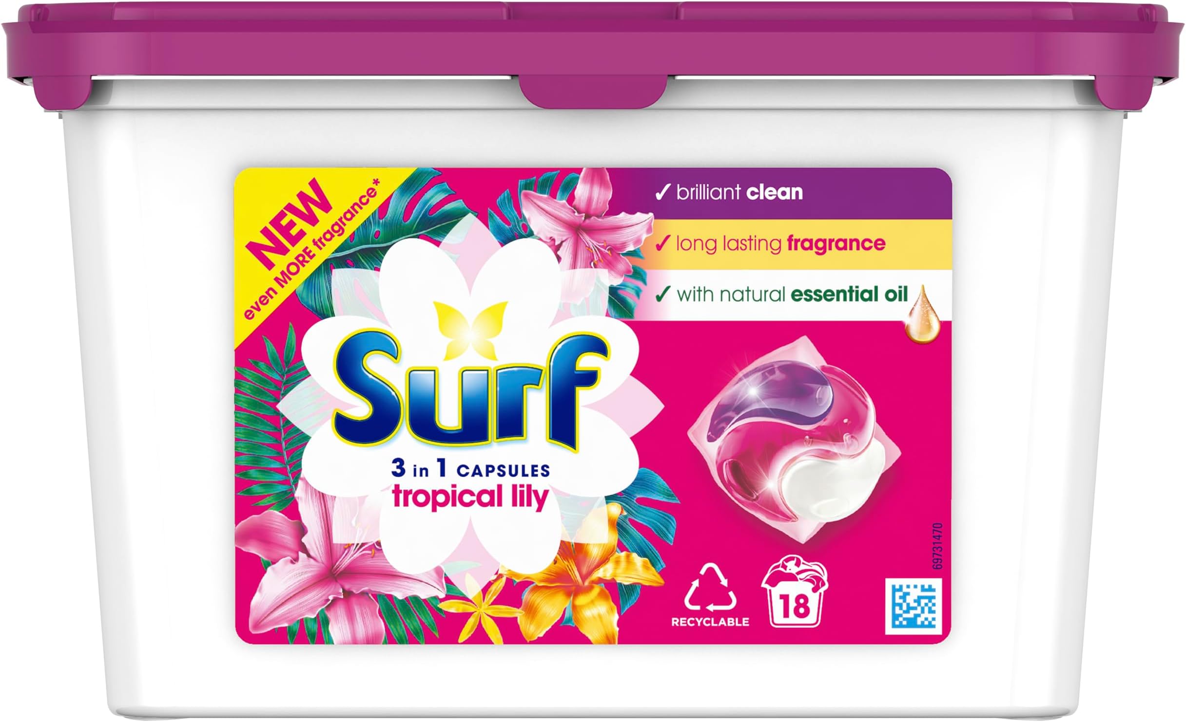 Surf Tropical Lily 3 in 1 Capsules Washing Capsules even more fragrance* for brilliantly clean laundry every time 18 washes