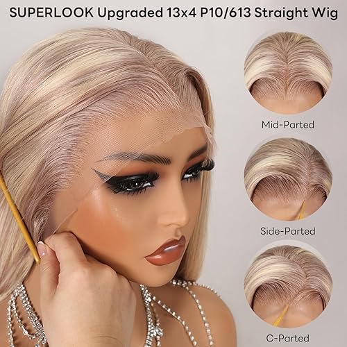 Miniatura 4 de Peluca de cabello humano con encaje frontal P10613 de 13 x 4, sin pegamento, pelucas de cabello humano rubio HD, con reflejos de encaje frontal,