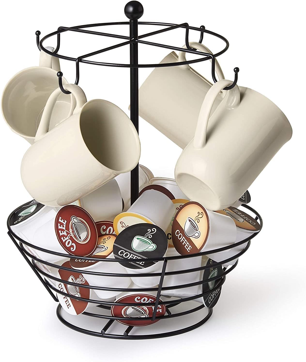Nifty Coffee Pod & Mug Carousel – Holds 4 Cups, Capsule Storage, Spins 360-Degrees, Lazy Susan Platform, Modern Black Steel, Home or Office Kitchen Counter Organizer