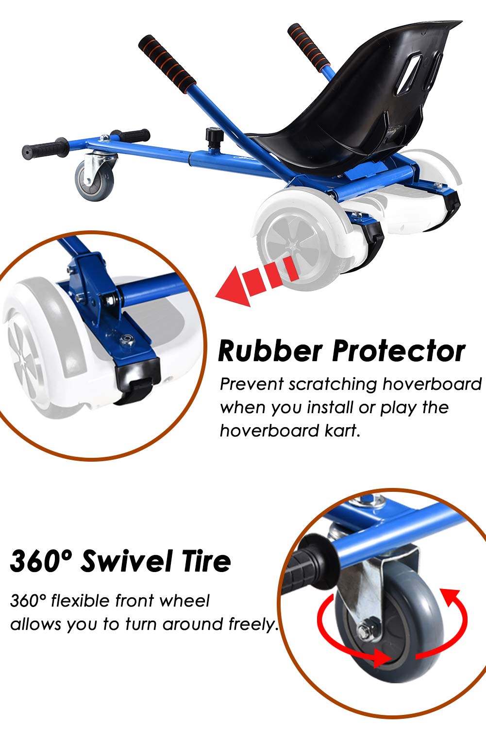 KUMAMOT Hoverboard Seat Attachment for 6.5” 8” 10” Hoverboard, Go Kart Cart Conversion Kit, Accessories for Self Balancing Scooter, Hoverboard Cart for Kids and Adult, Adjustable Frame Length, Blue